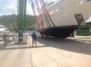 242t boat lift: View from bow to show size of yacht against height of man standing adjacent